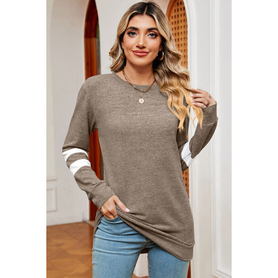 Striped Heathered Round Neck T - Shirt Mocha / S Apparel and Accessories