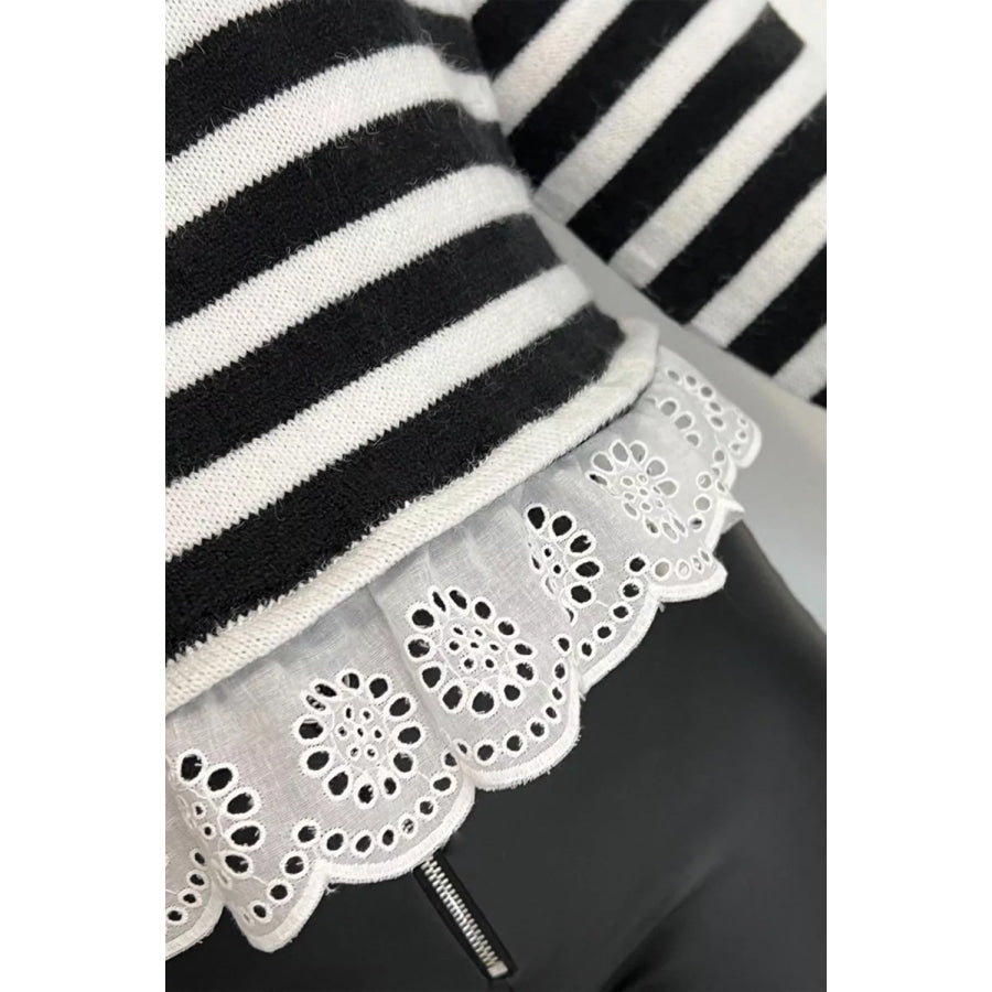 Striped High Neck Contrast Ruffle Detail Casual Sweater Apparel and Accessories