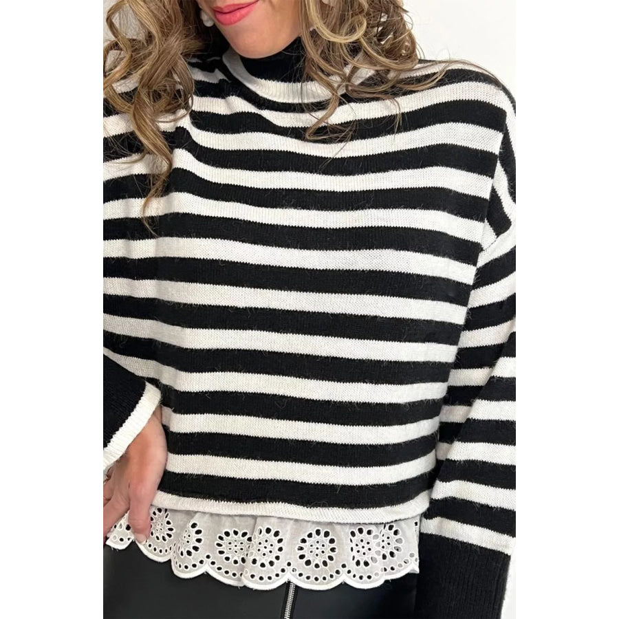 Striped High Neck Contrast Ruffle Detail Casual Sweater Apparel and Accessories