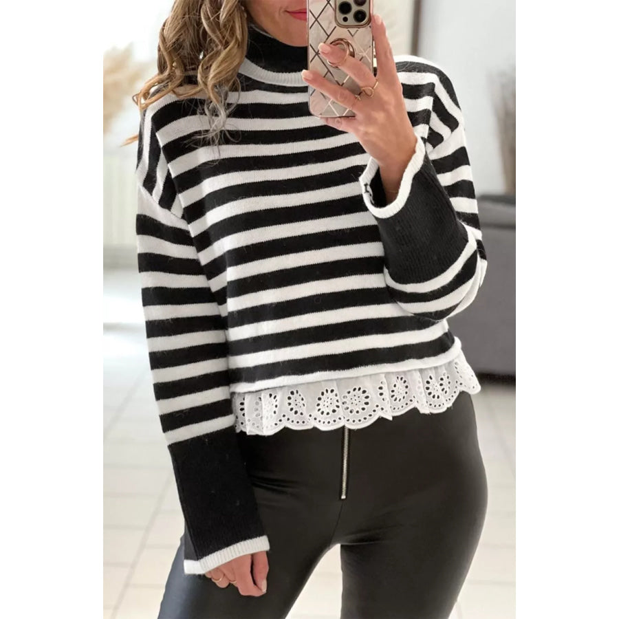 Striped High Neck Contrast Ruffle Detail Casual Sweater Apparel and Accessories