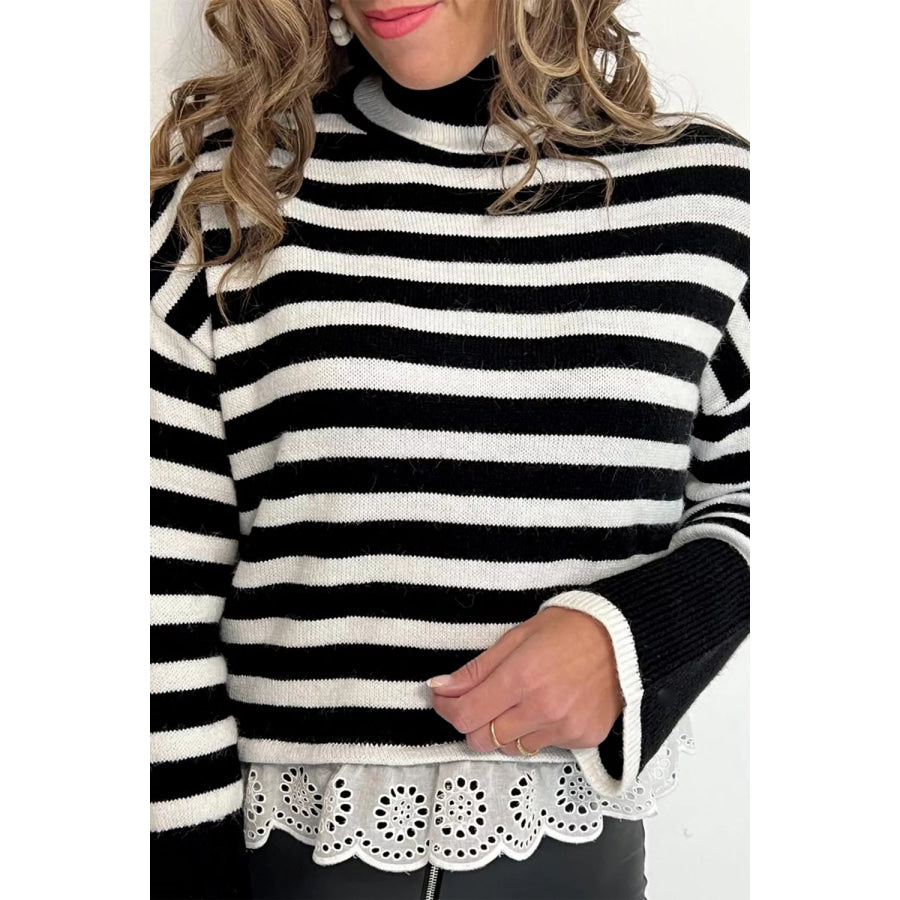 Striped High Neck Contrast Ruffle Detail Casual Sweater Apparel and Accessories