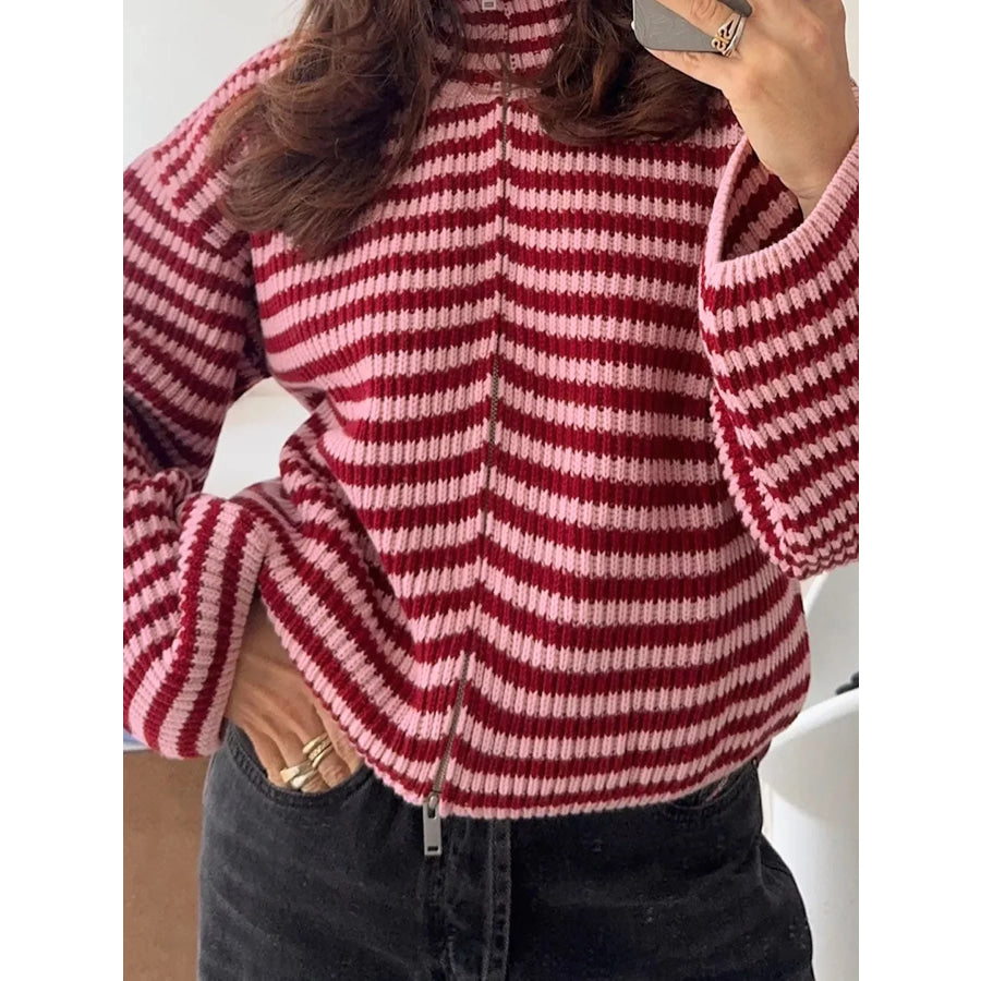 Striped High Neck Zip-up Sweater Long Sleeve Casual Fit Drop Shoulder Open Front Cardigan Apparel and Accessories