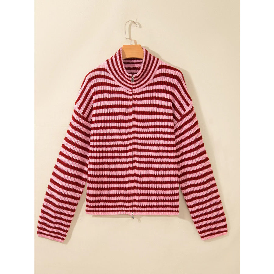 Striped High Neck Zip-up Sweater Long Sleeve Casual Fit Drop Shoulder Open Front Cardigan Apparel and Accessories