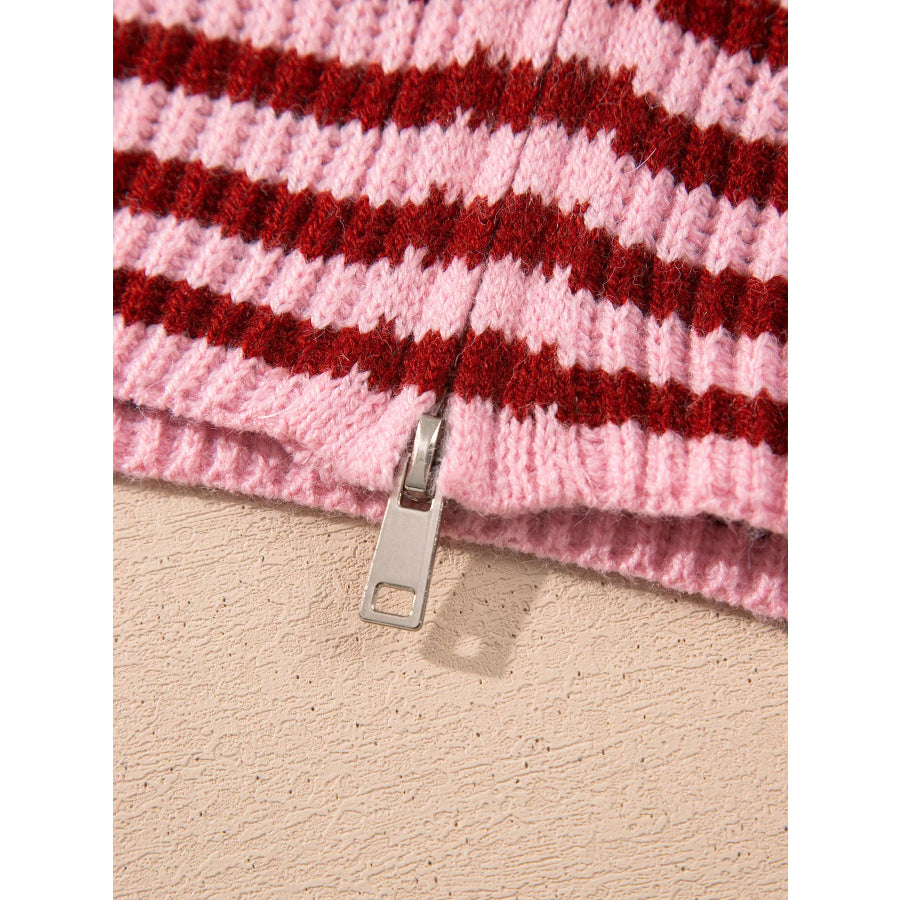Striped High Neck Zip-up Sweater Long Sleeve Casual Fit Drop Shoulder Open Front Cardigan Apparel and Accessories