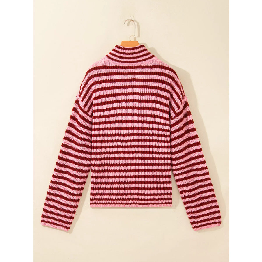 Striped High Neck Zip-up Sweater Long Sleeve Casual Fit Drop Shoulder Open Front Cardigan Apparel and Accessories
