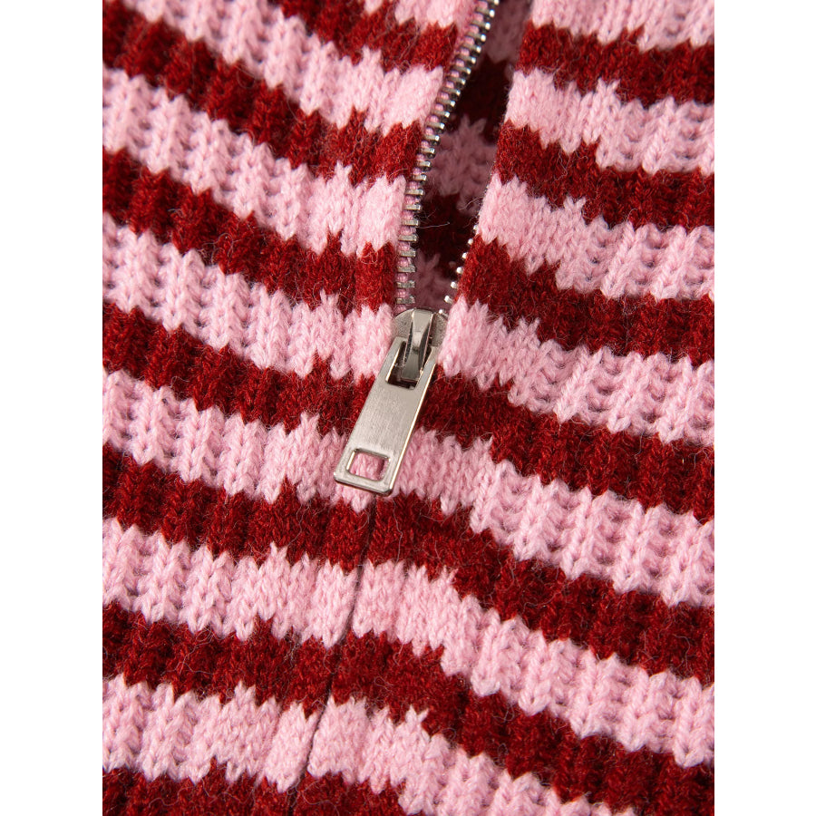Striped High Neck Zip-up Sweater Long Sleeve Casual Fit Drop Shoulder Open Front Cardigan Apparel and Accessories