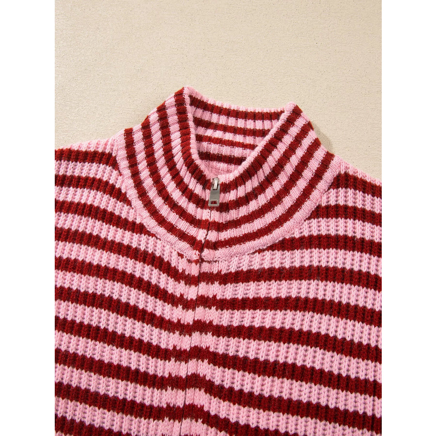 Striped High Neck Zip-up Sweater Long Sleeve Casual Fit Drop Shoulder Open Front Cardigan Apparel and Accessories