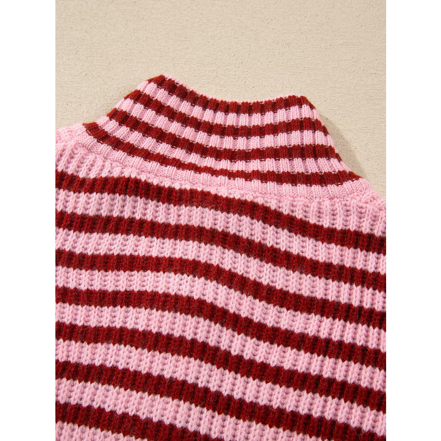 Striped High Neck Zip-up Sweater Long Sleeve Casual Fit Drop Shoulder Open Front Cardigan Apparel and Accessories