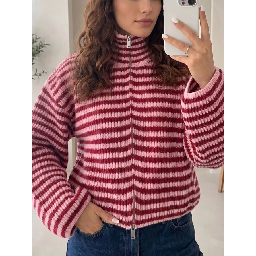 Striped High Neck Zip-up Sweater Long Sleeve Casual Fit Drop Shoulder Open Front Cardigan Deep Rose / S Apparel and Accessories