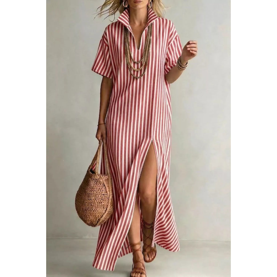 Striped High Slit Maxi Dress Burnt Coral / S Apparel and Accessories