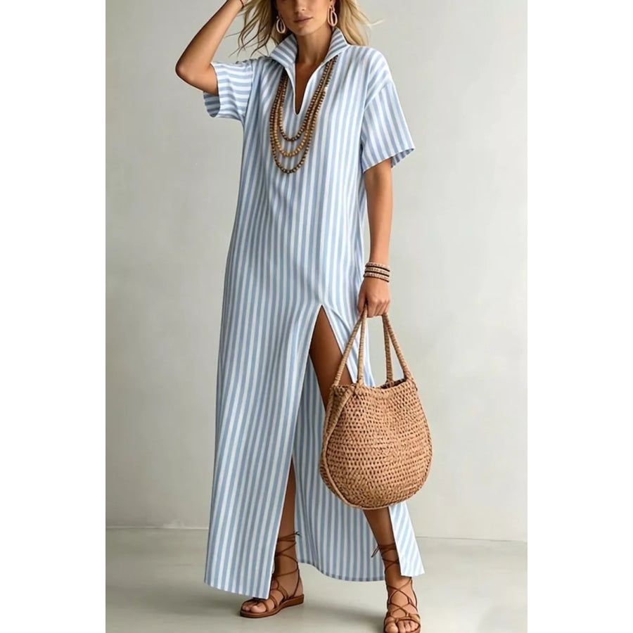 Striped High Slit Maxi Dress Light Blue / S Apparel and Accessories