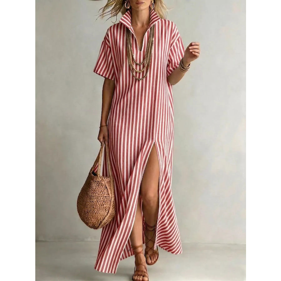 Striped High Slit Maxi Shirt Dress Red / S Apparel and Accessories