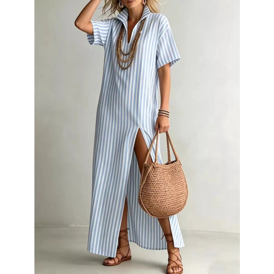 Striped High Slit Maxi Shirt Dress Sky Blue / S Apparel and Accessories