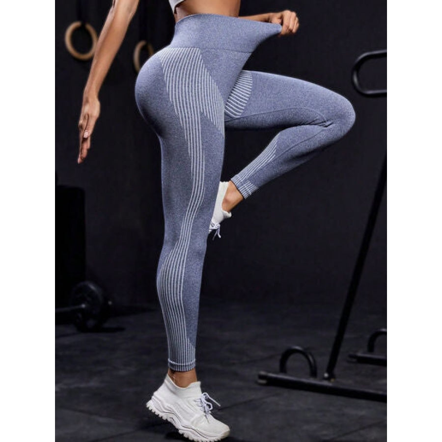 Striped High Waist Active Pants Dusty Blue / S Apparel and Accessories