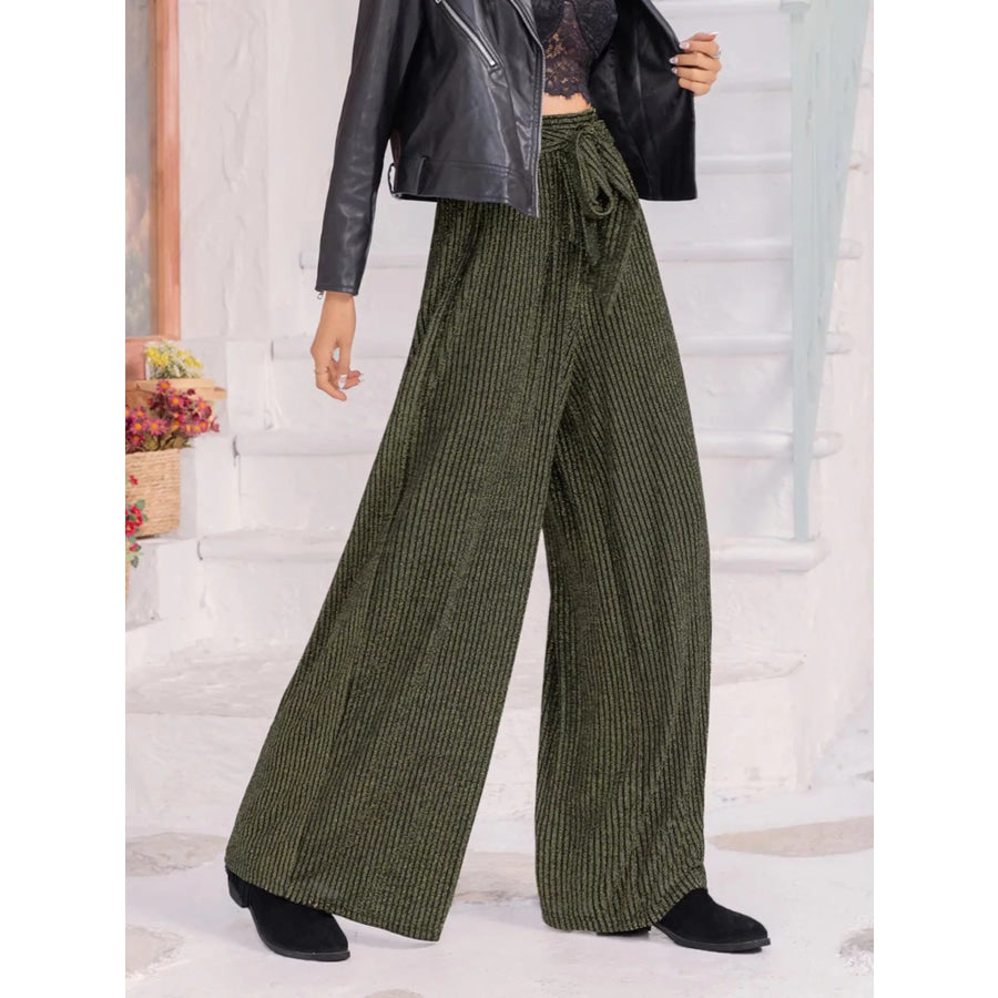 Striped High Waist Tie Wide Leg Pants Apparel and Accessories