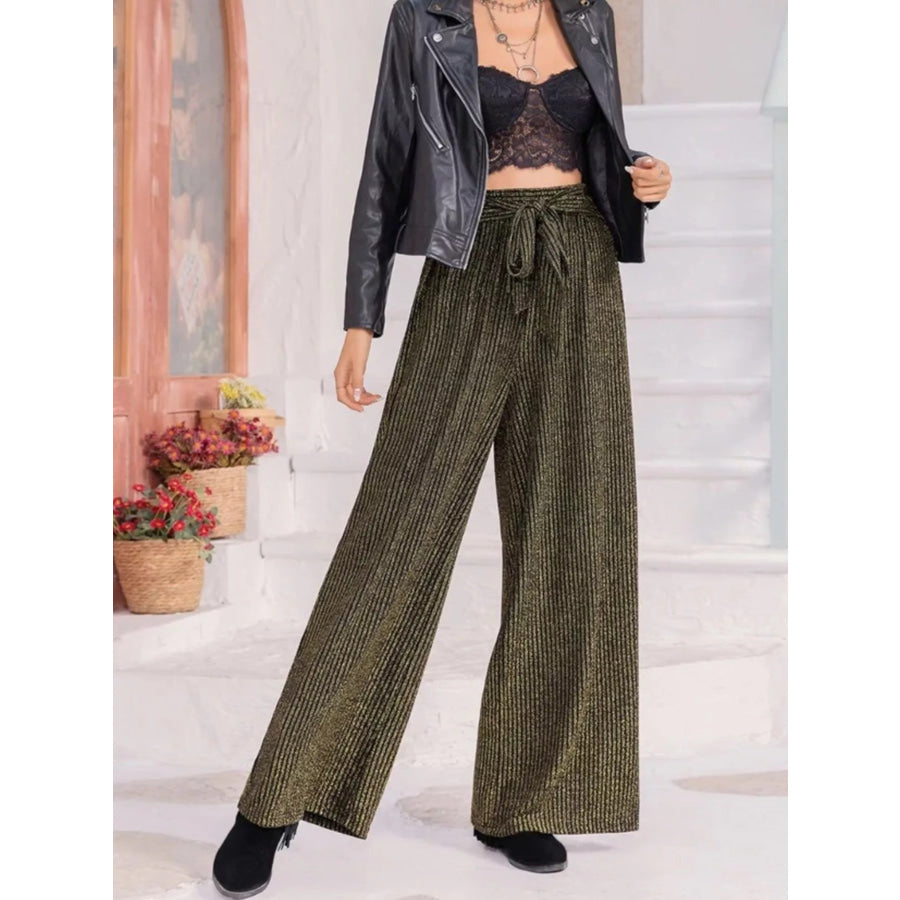 Striped High Waist Tie Wide Leg Pants Apparel and Accessories