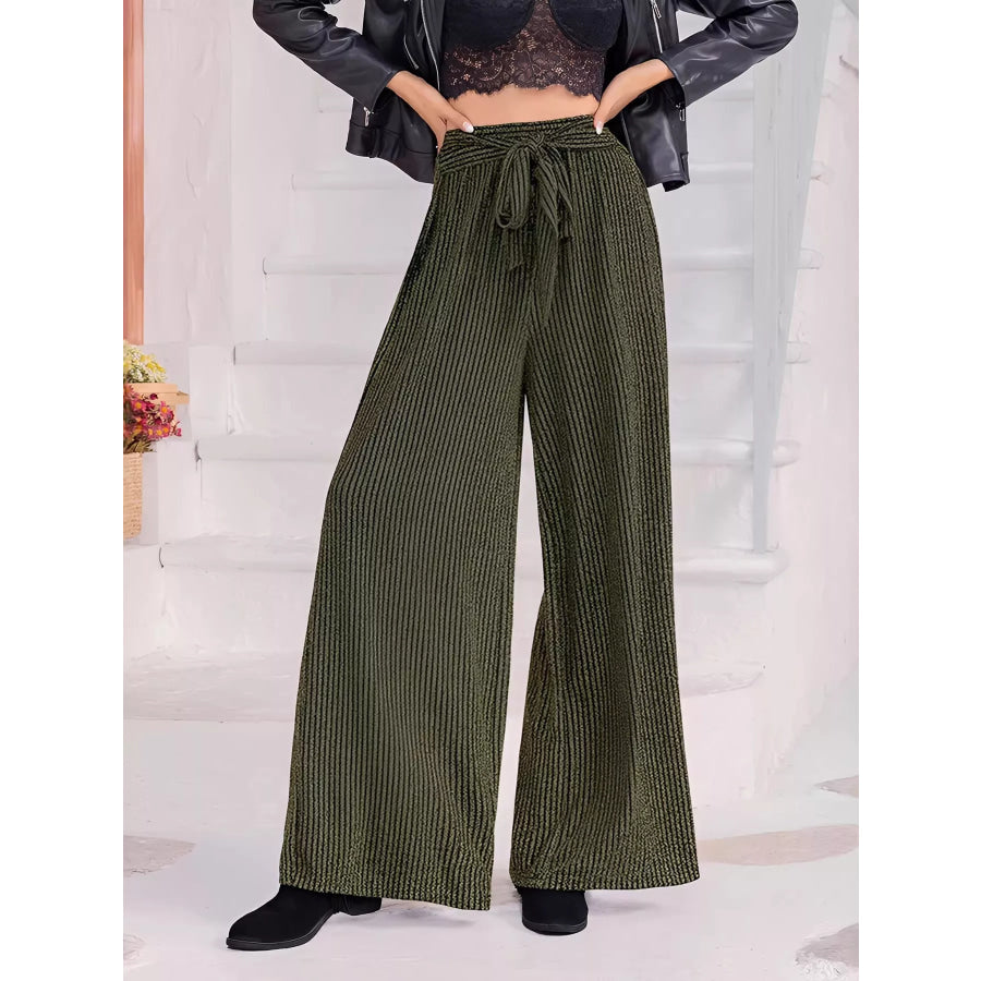 Striped High Waist Tie Wide Leg Pants Apparel and Accessories