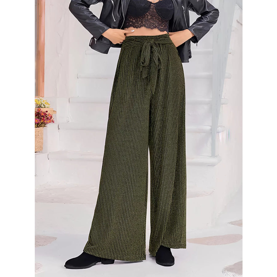 Striped High Waist Tie Wide Leg Pants Army Green / S Apparel and Accessories