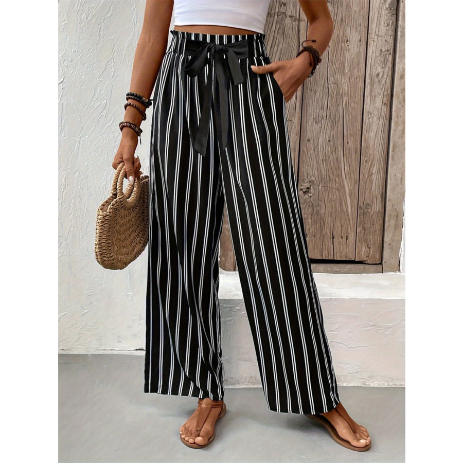 Striped High Waist Wide Leg Pants Black / S Apparel and Accessories