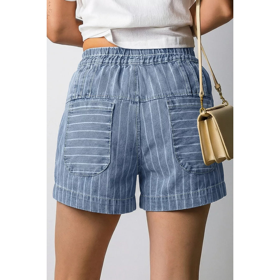 Striped High-Waisted Denim Shorts Dusty Blue / 4 Apparel and Accessories