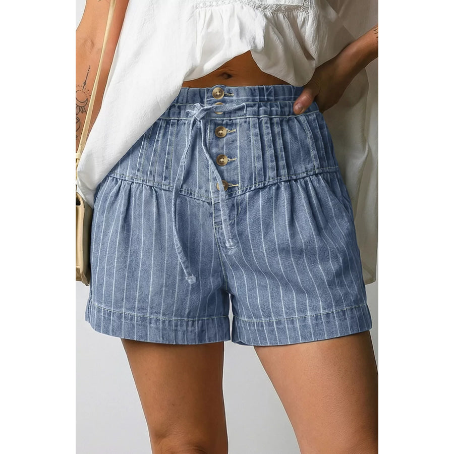 Striped High-Waisted Denim Shorts Dusty Blue / 4 Apparel and Accessories