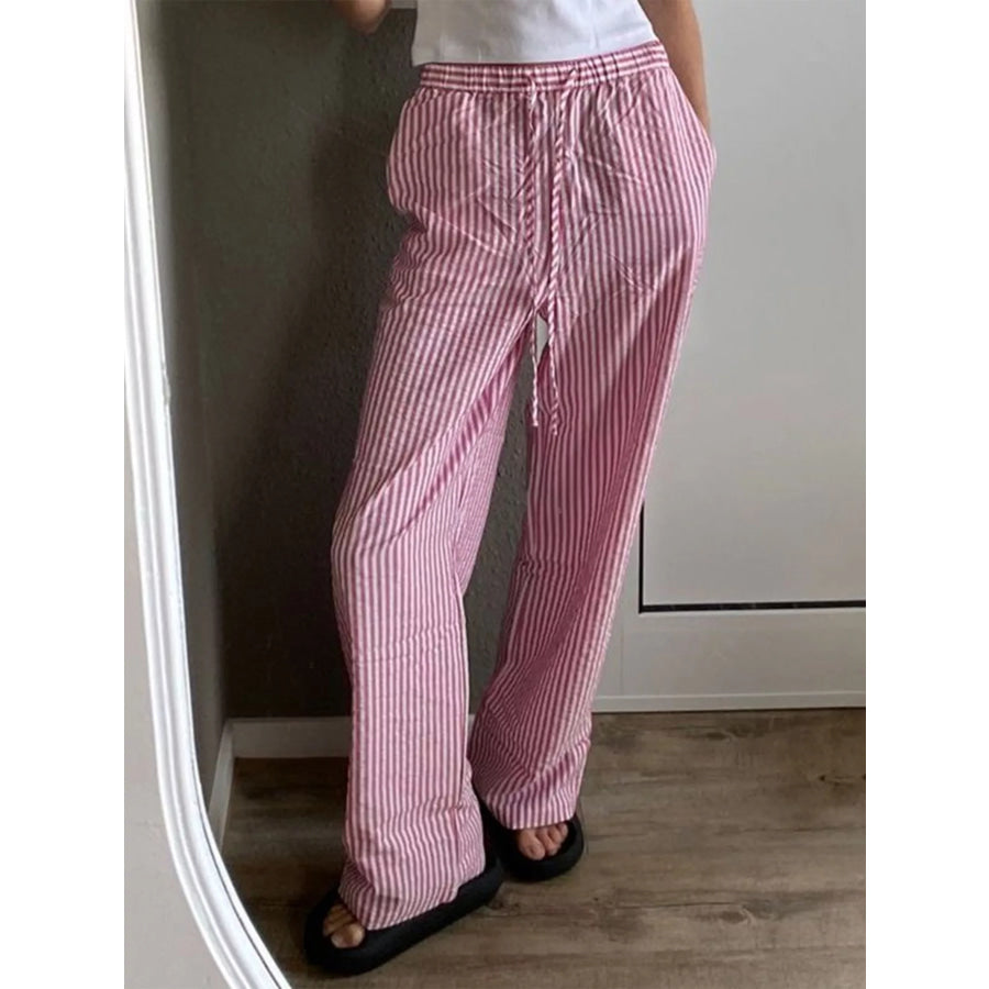 Striped High-Waisted Drawstring Casual Pants Apparel and Accessories