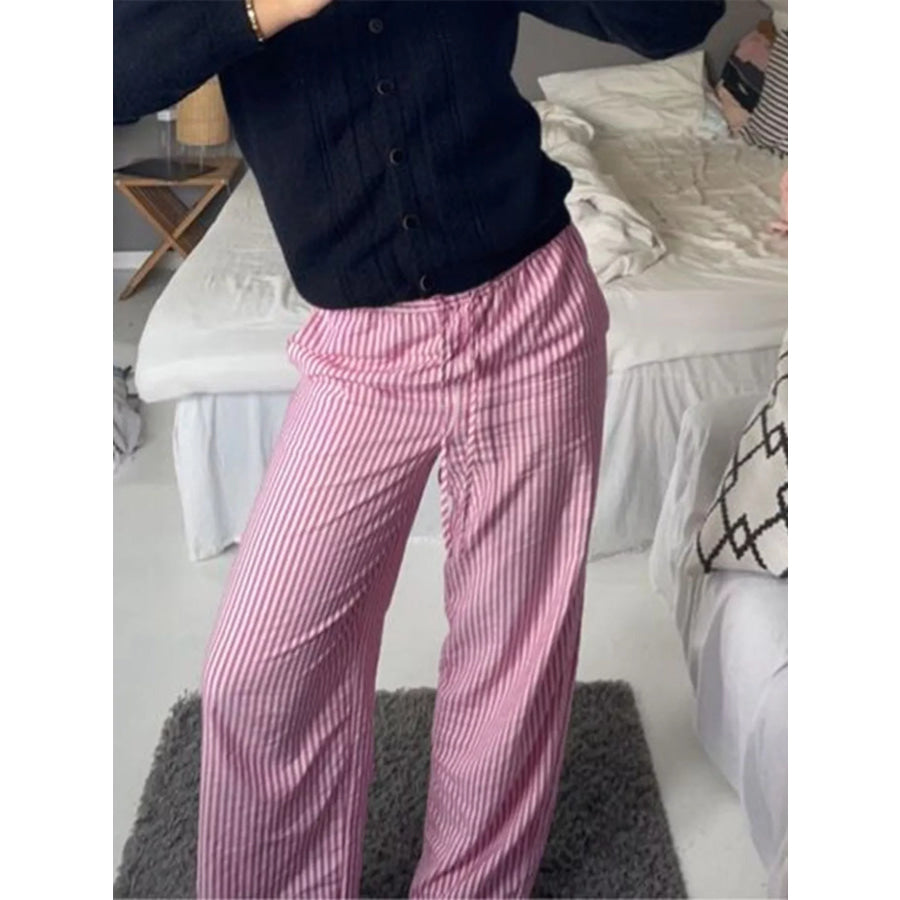 Striped High-Waisted Drawstring Casual Pants Apparel and Accessories