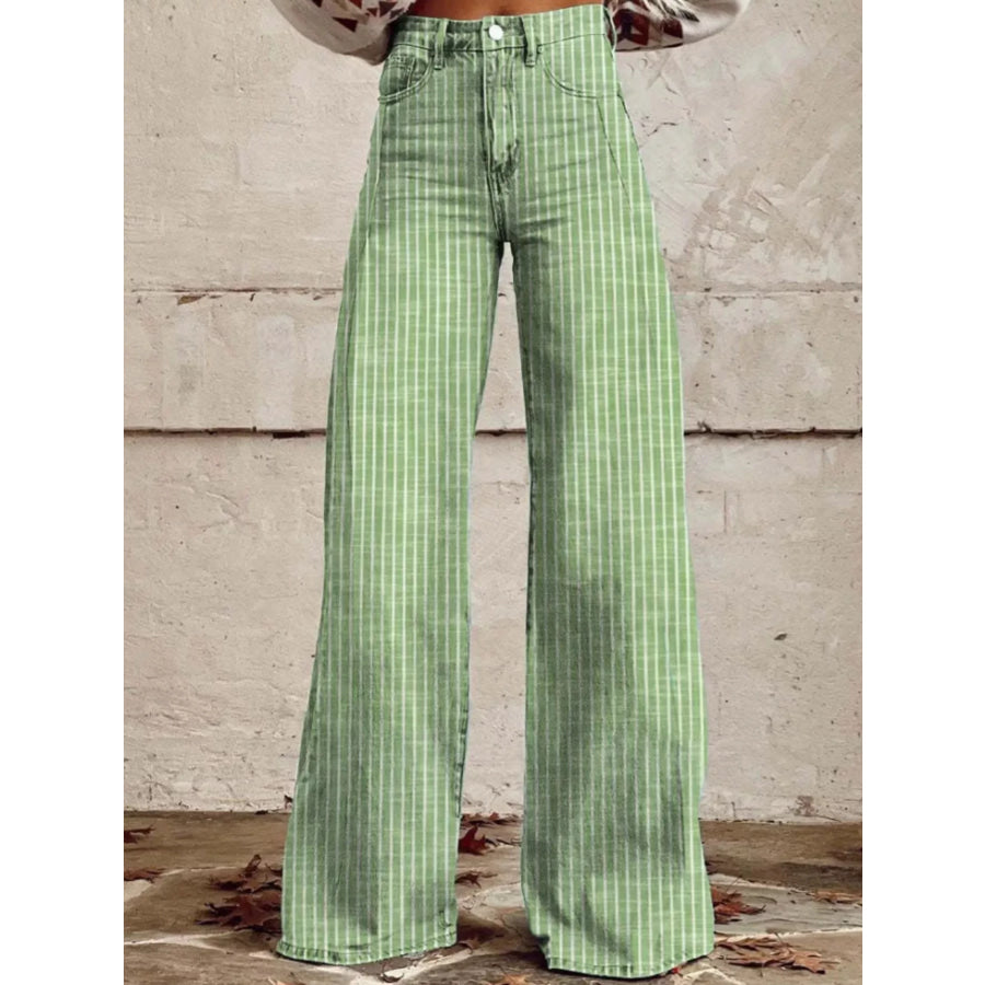 Striped High-Waisted Wide Leg Jeans Green / S Apparel and Accessories