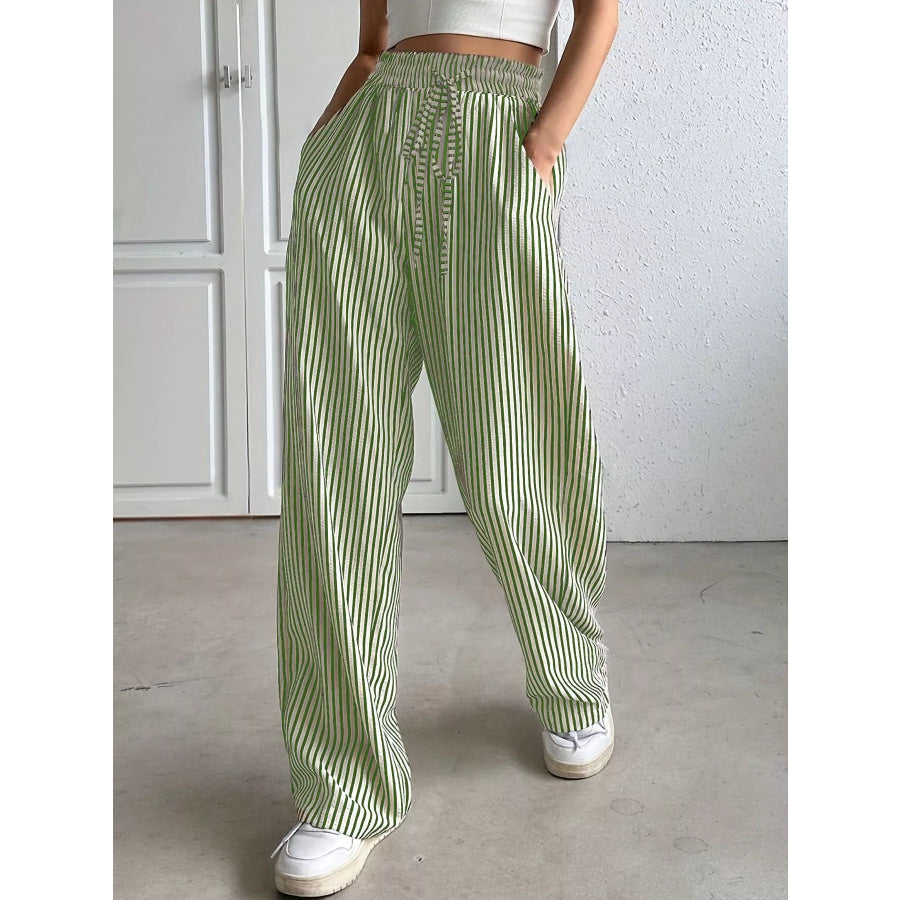 Striped High-Waisted Wide Leg Pants Green / S Apparel and Accessories