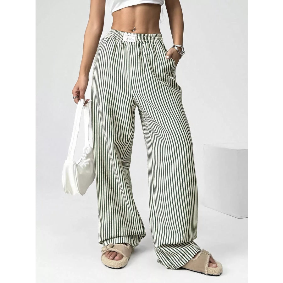 Striped High-Waisted Wide Leg Pants Green / XS Apparel and Accessories