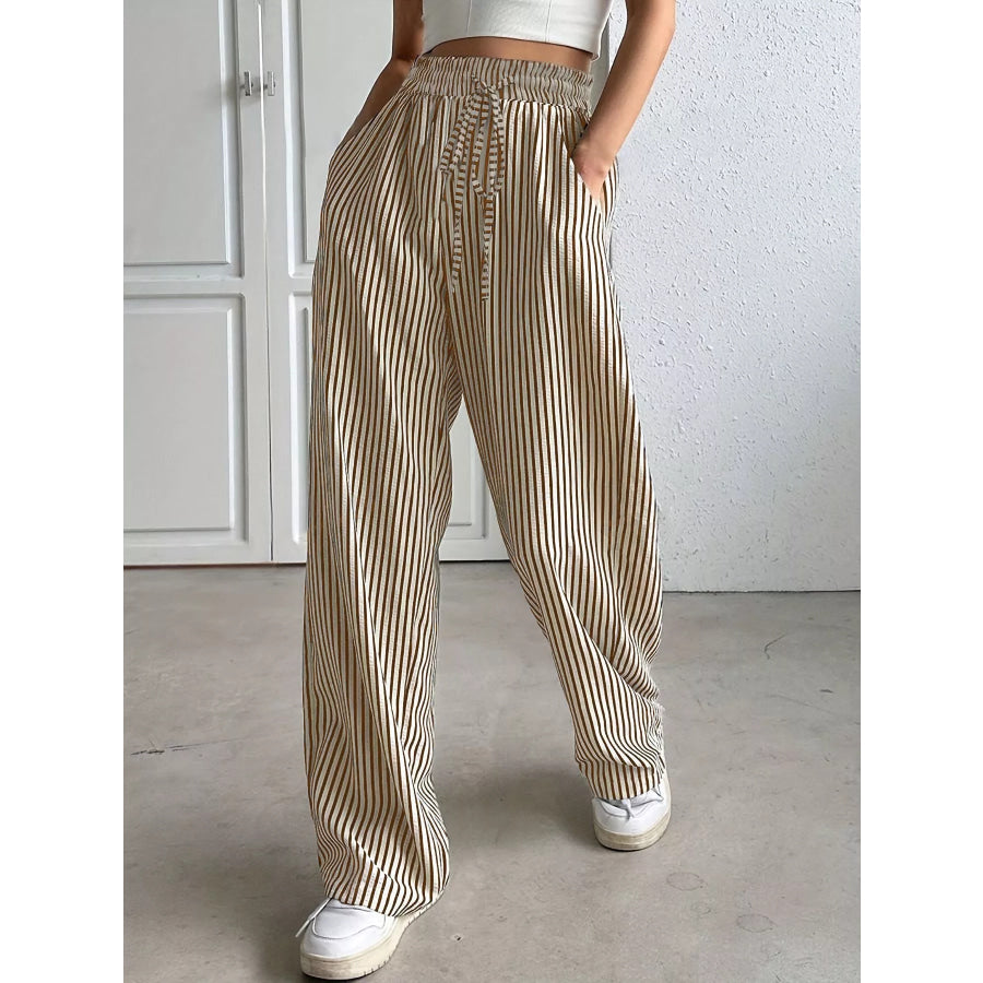 Striped High-Waisted Wide Leg Pants Khaki / S Apparel and Accessories