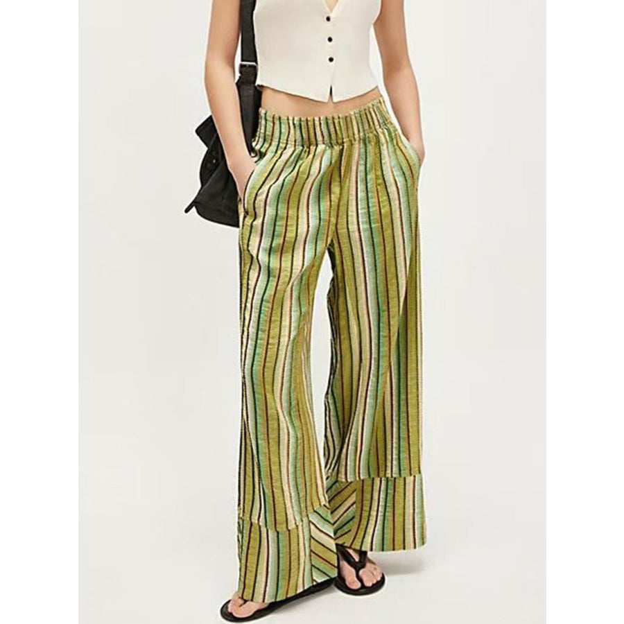 Striped High-Waisted Wide Leg Pants Lime / S Apparel and Accessories