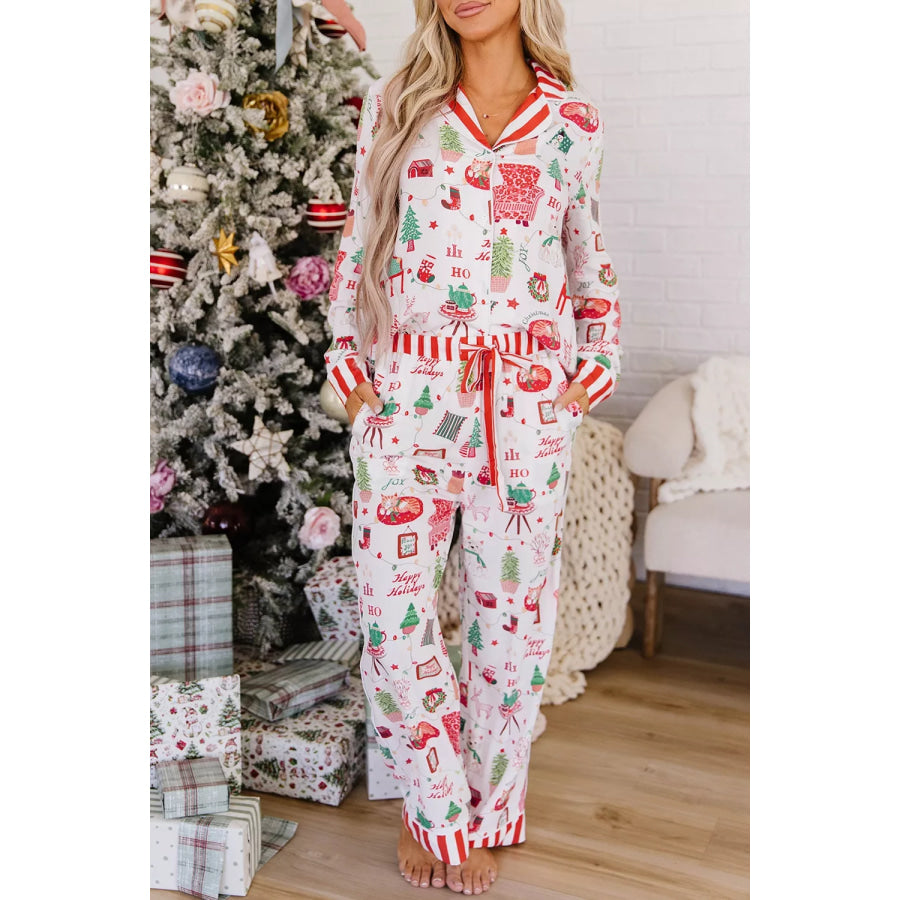 Striped Holiday Long Sleeve Two Piece Shift Home Wear Lounge Set White / S Apparel and Accessories