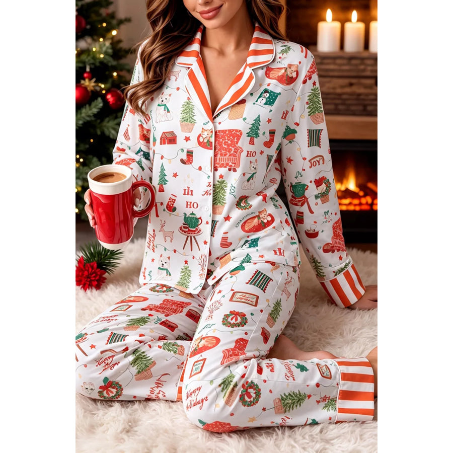 Striped Holiday Long Sleeve Two Piece Shift Home Wear Lounge Set White / S Apparel and Accessories