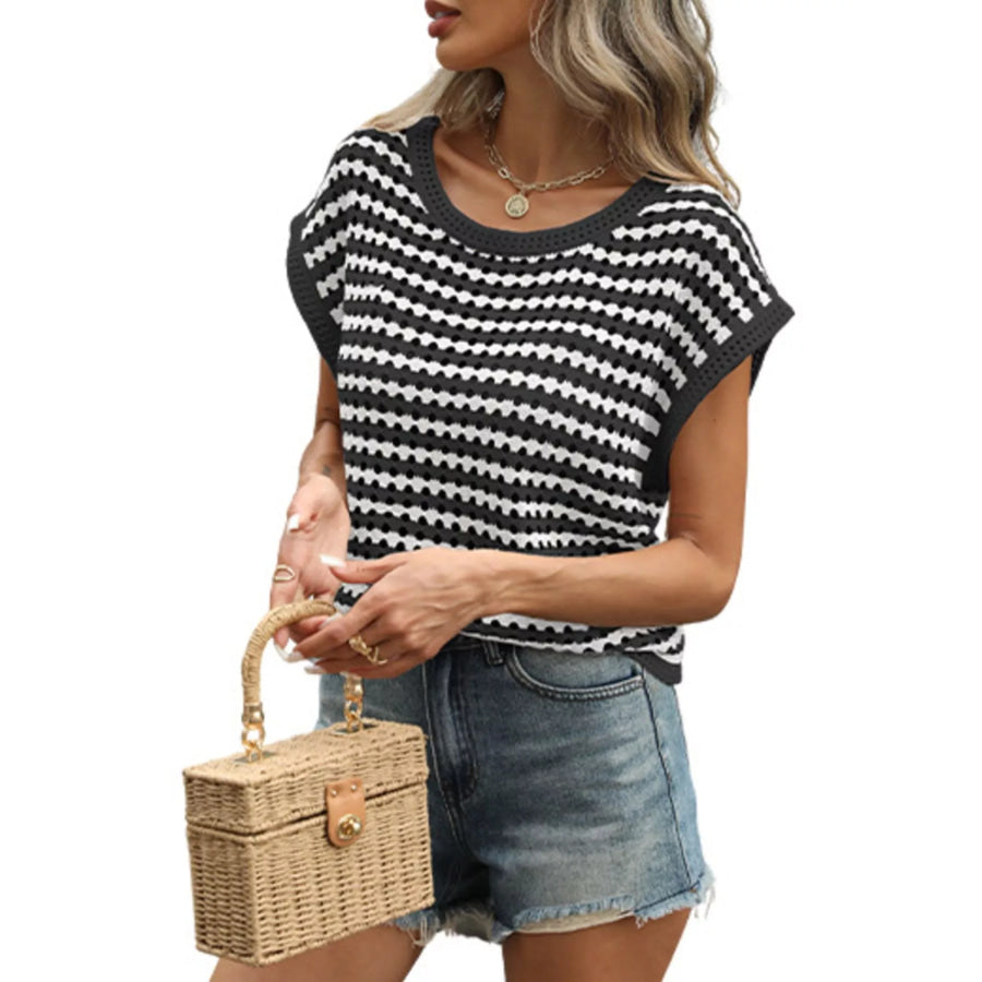 Striped Hollow Out Knit Top Apparel and Accessories