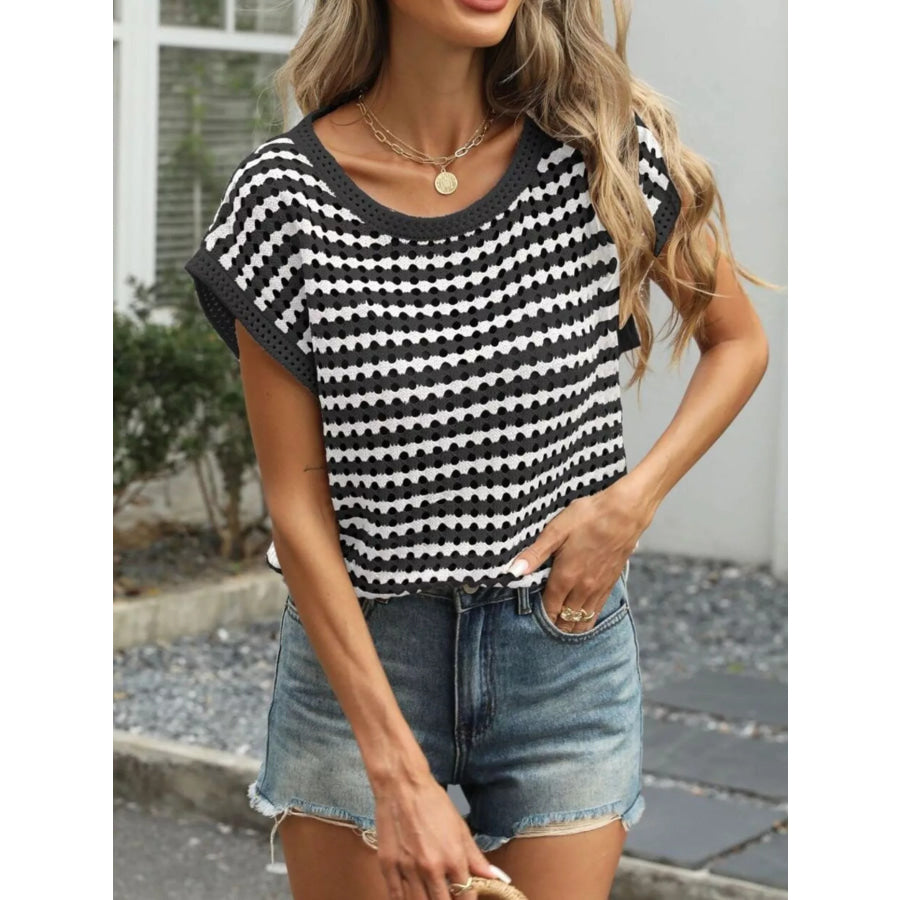 Striped Hollow Out Knit Top Black / S Apparel and Accessories