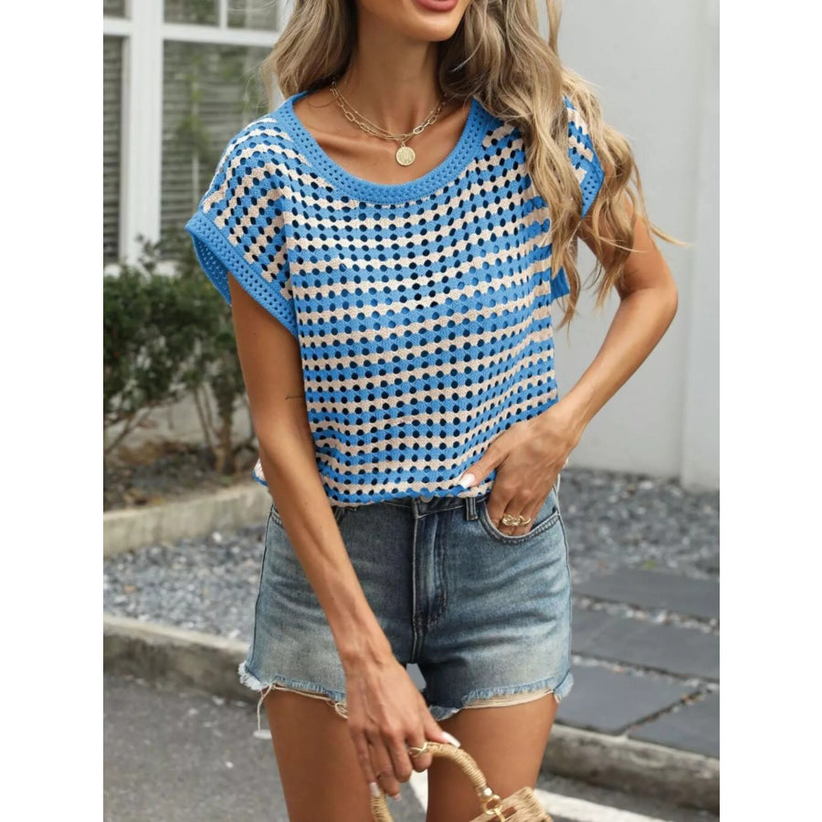 Striped Hollow Out Knit Top Blue / S Apparel and Accessories