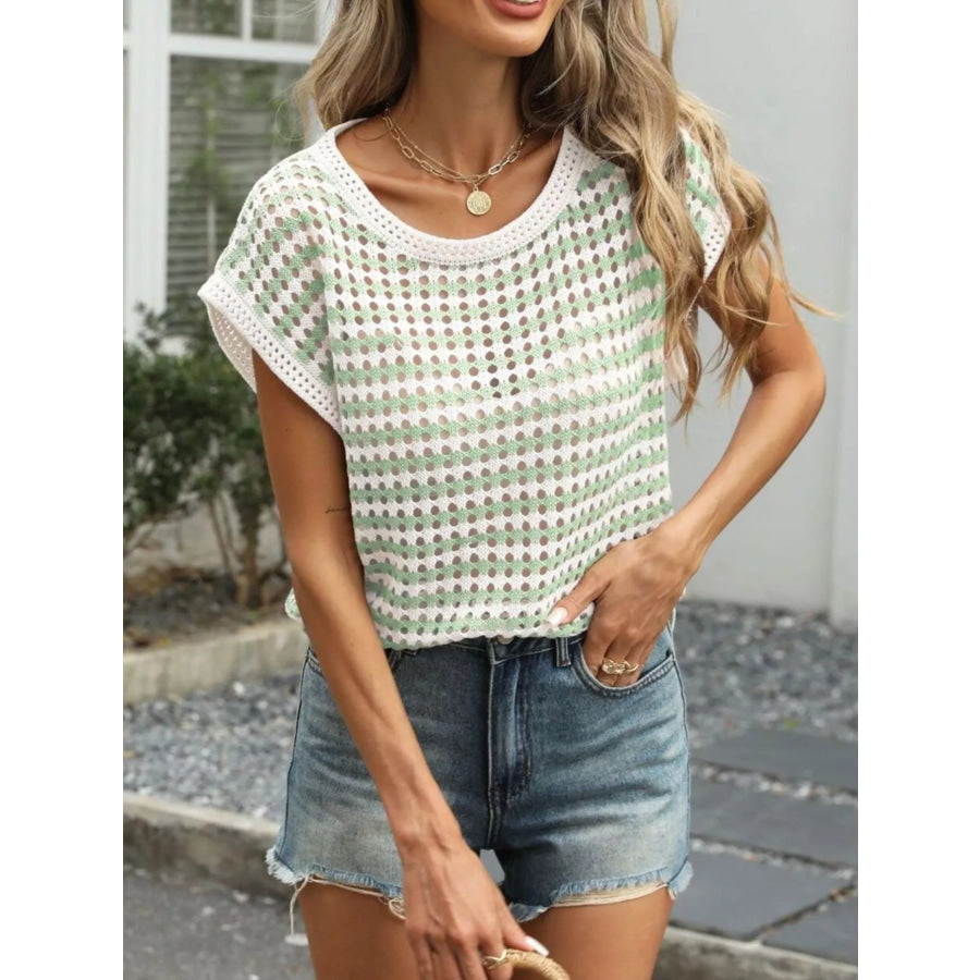 Striped Hollow Out Knit Top Green / S Apparel and Accessories