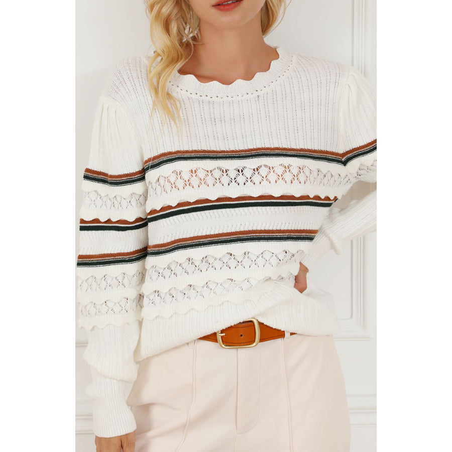 Striped Hollow Out Round Neck Long Sleeve Sweater Apparel and Accessories