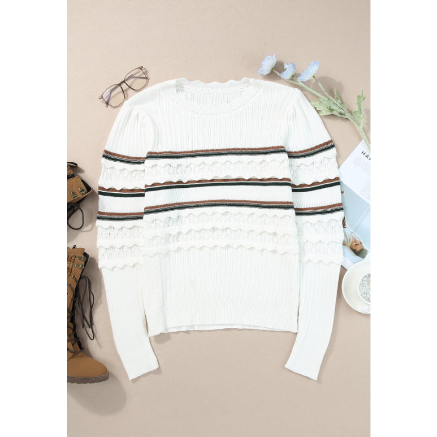 Striped Hollow Out Round Neck Long Sleeve Sweater Apparel and Accessories