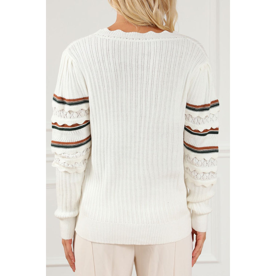 Striped Hollow Out Round Neck Long Sleeve Sweater Apparel and Accessories