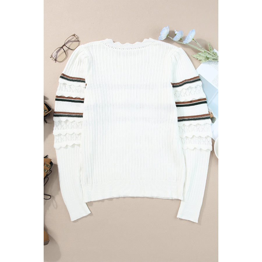 Striped Hollow Out Round Neck Long Sleeve Sweater Apparel and Accessories