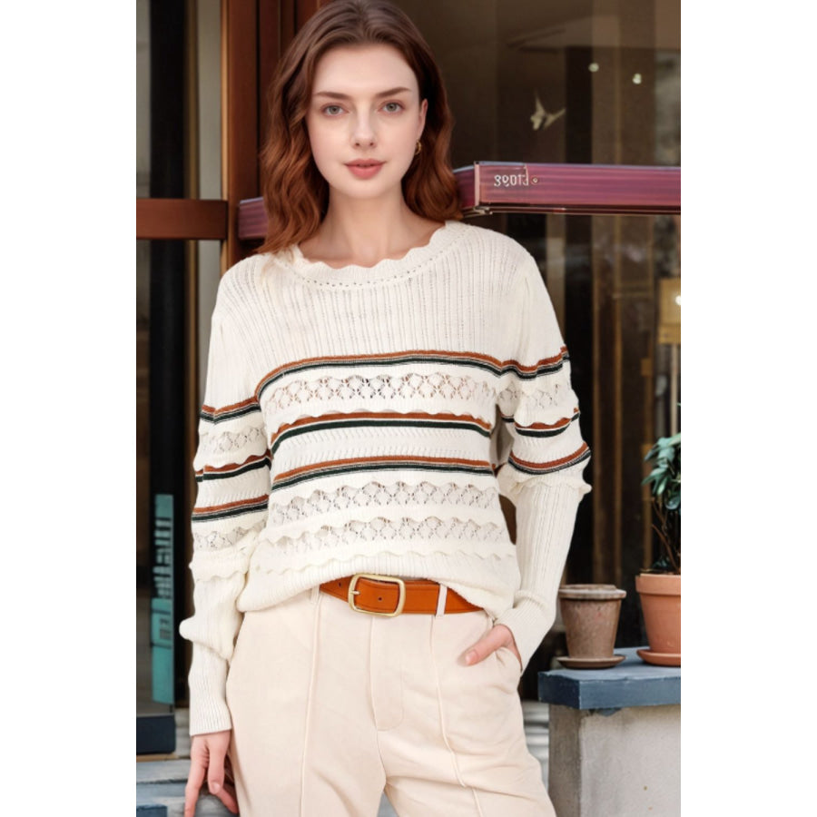 Striped Hollow Out Round Neck Long Sleeve Sweater Apparel and Accessories