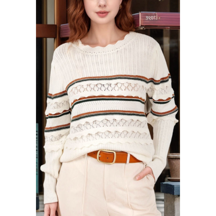 Striped Hollow Out Round Neck Long Sleeve Sweater White / M Apparel and Accessories