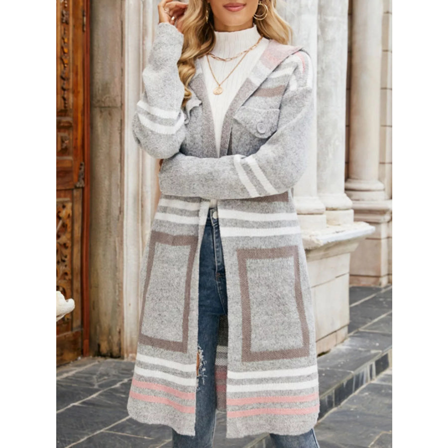 Striped Hooded Longline Cardigan Apparel and Accessories