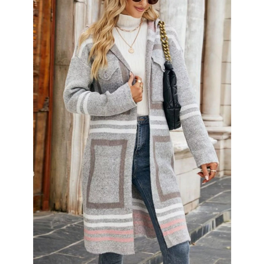 Striped Hooded Longline Cardigan Grey / S Apparel and Accessories