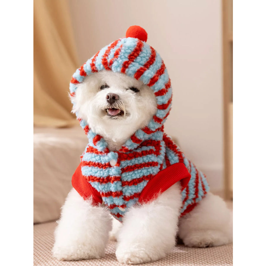 Striped Hooded Plush Pet Sweater Red & Blue / XS Apparel and Accessories