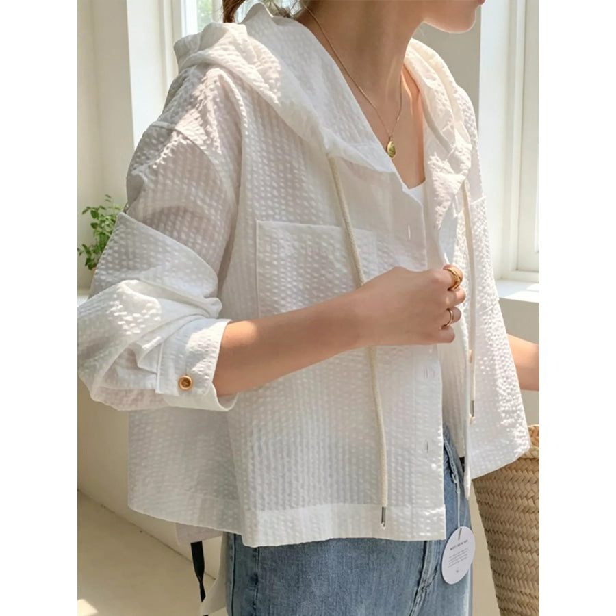 Striped Hooded Shirt with Drawstring Detail Apparel and Accessories