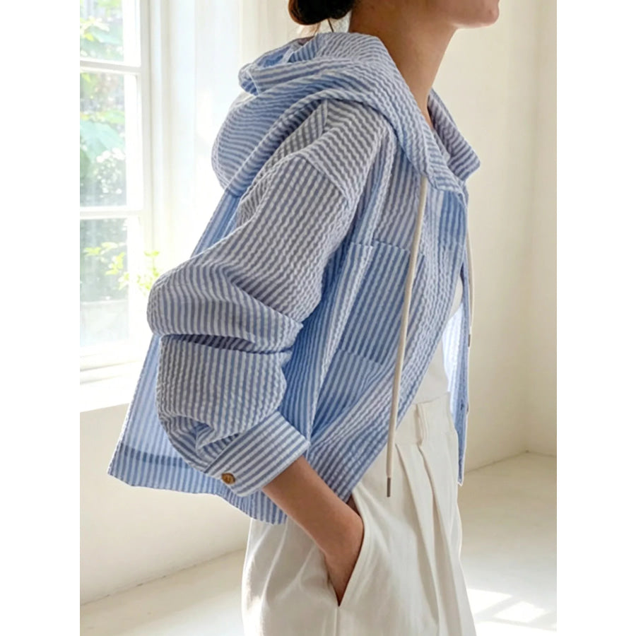 Striped Hooded Shirt with Drawstring Detail Apparel and Accessories