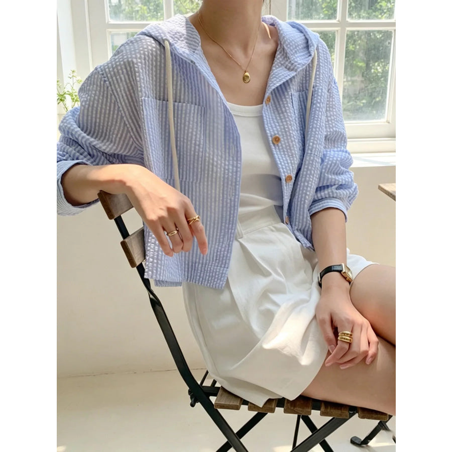 Striped Hooded Shirt with Drawstring Detail Apparel and Accessories